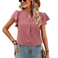 thumbnail image 7 of YYDGH Women's V Neck Ruffle Short Sleeve T-Shirts Summer Blouse Swiss Dot Flowy Tunic Top Watermelon Red L, 7 of 7