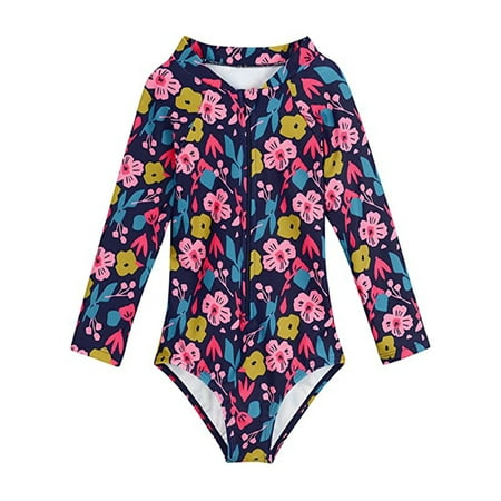 

2-8T Toddler Little Girls Zipper Long Sleeve Rash Guard One Piece Swimsuit Kids UPF 50+ Sun Protection Swimwear Bathing Suit