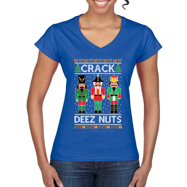 Crack Deez Nuts Meme Ugly Christmas Sweater Womena A A S Standard V Neck Tee Royal X Large Walmart Com