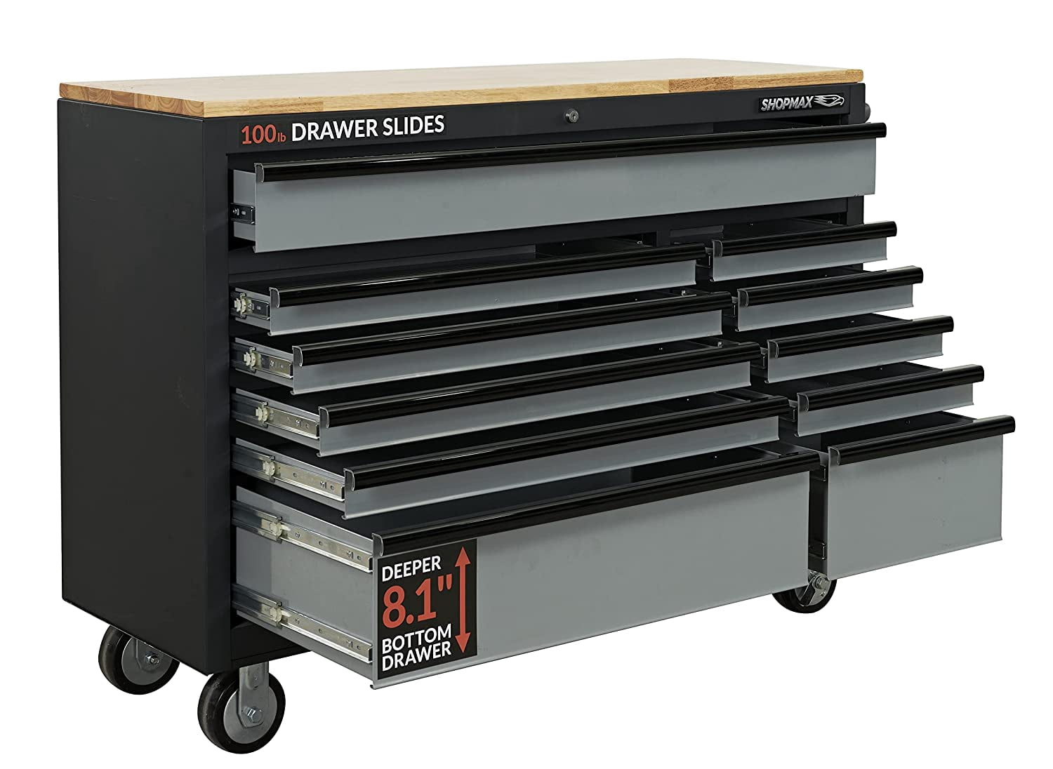 Shopmax 52 in. 11 Drawer Mobile Workstation With Solid Wood Top