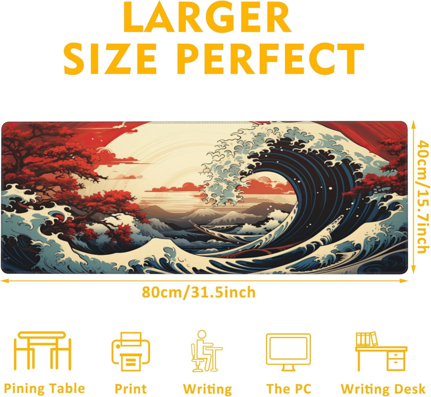 Japanese Sea Wave Gaming Mouse Pad,Sakura Sun Desk Pad,31.5"X15.7" Extended Gaming Mouse Pad Mat with Stitched Edge Non-Slip Base Big Mouse Pad for Office Keyboard Laptop