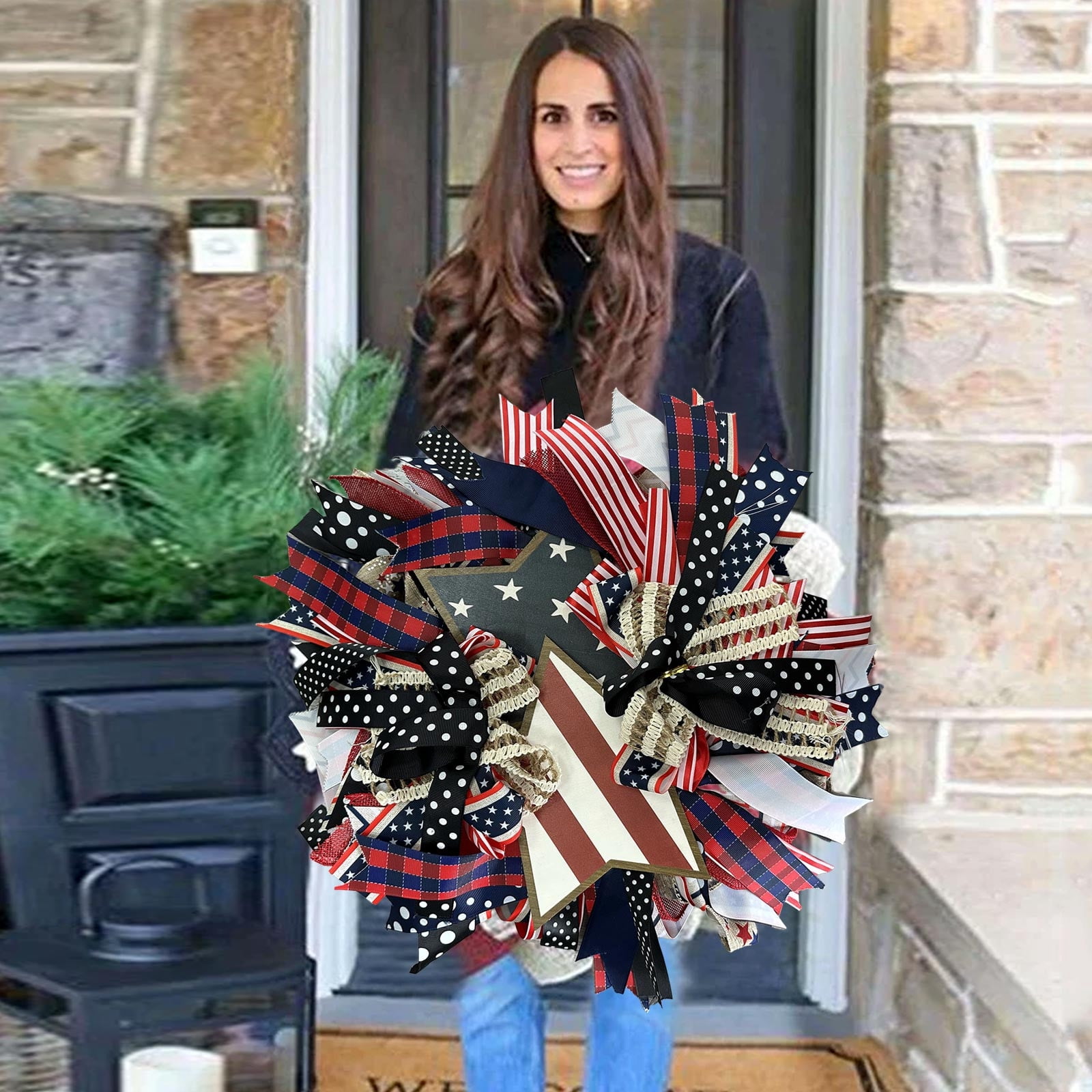 17.7 Inch Ribbon Independence Day Front Door Wreath Welcome Sign Door Hangers Anniversary Patriotic Wreath Red White and Blue 4th Of July Garland for Home Wall Porch