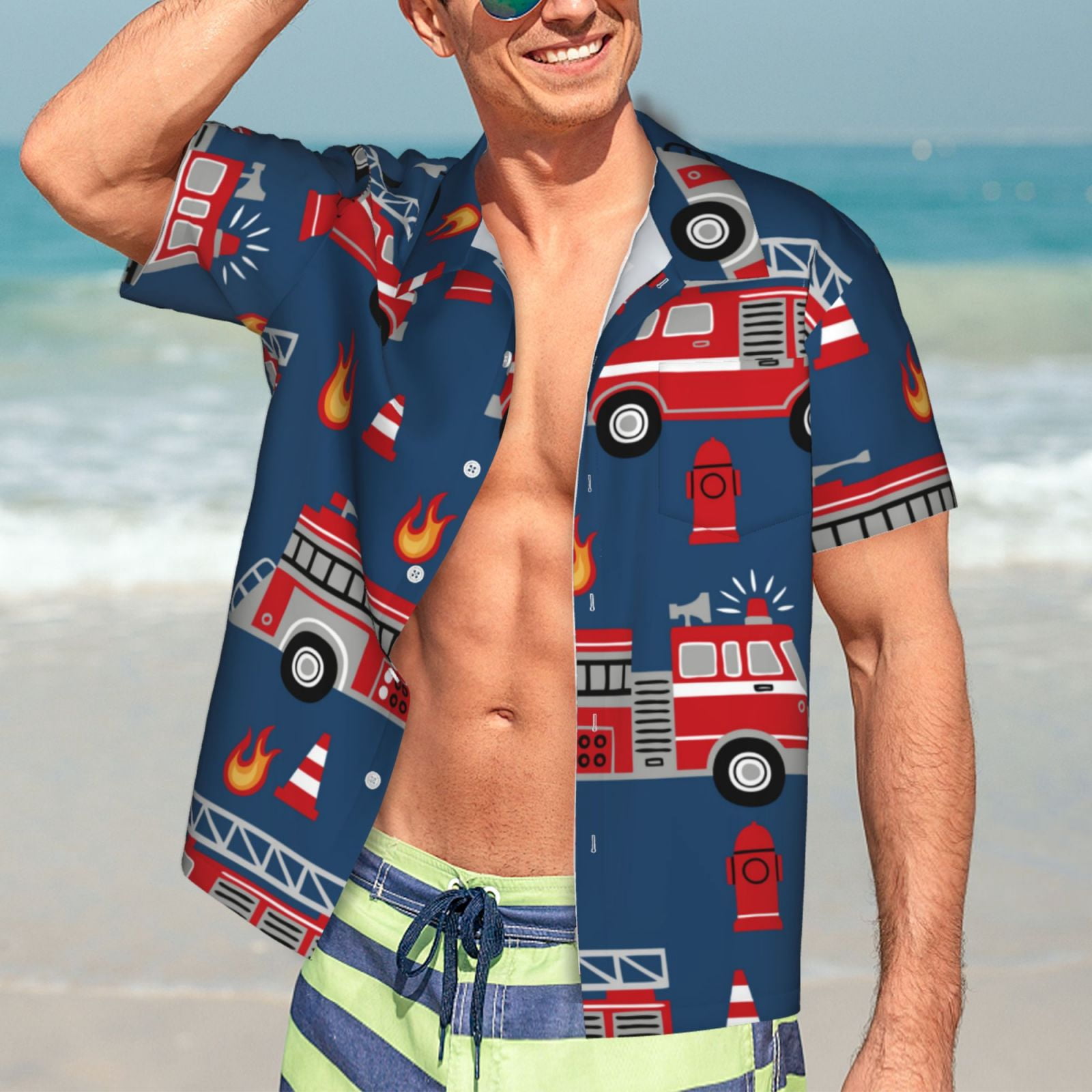 Logiee Fire Truck 1 Print Mens Hawaiian Shirts,Loose-Fit Short Sleeve Button Down Tropical Aloha Beach Shirt,Summer Vacation Wedding Tops,3X-Large