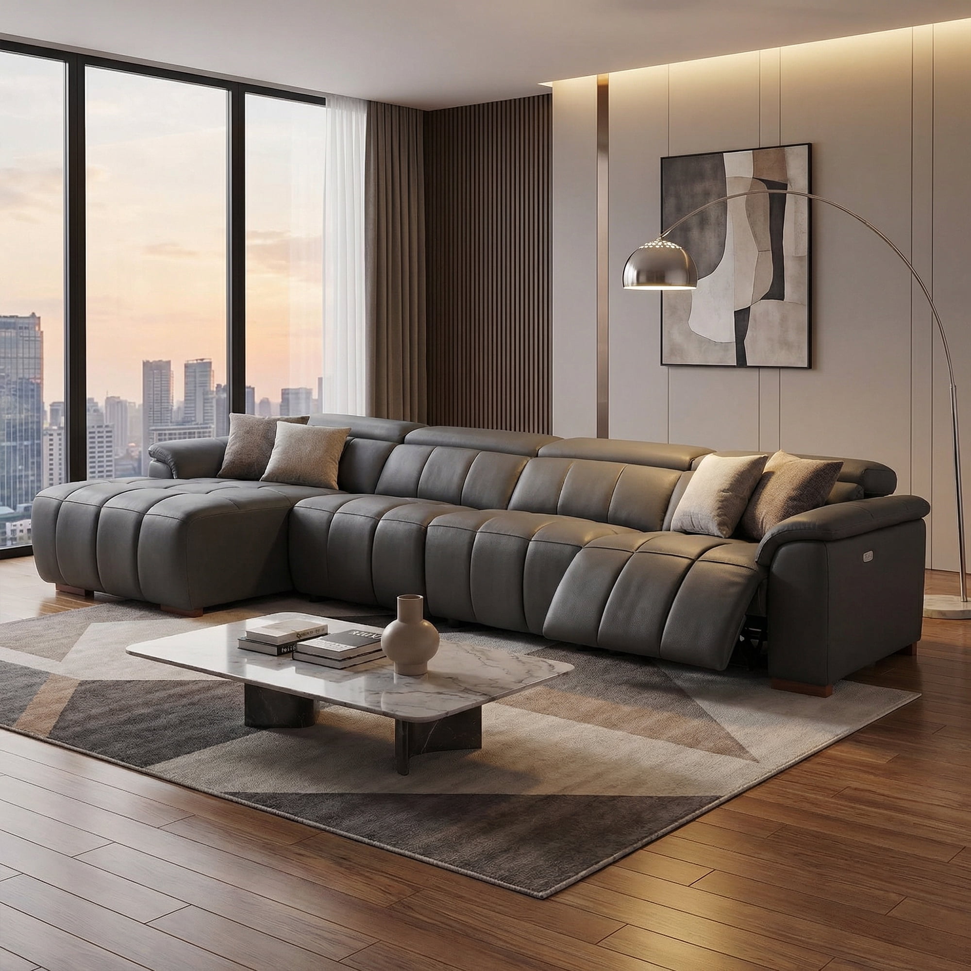 siu want Modern 4-Seat Electric Reclining Sectional Sofa, L-Shaped Genuine Leather Couch with Wall Hugger Design & USB Ports, Power Headrest and Footrest, Home Theater Living Room Furniture