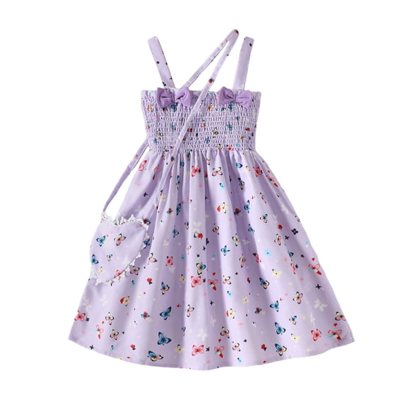 larppty Toddler Girl Butterfly Print Summer Dress Smocked Crisscross Strap Sundress with Matching Purse Little Girls Casual Dresses(Purple, 6 Years)