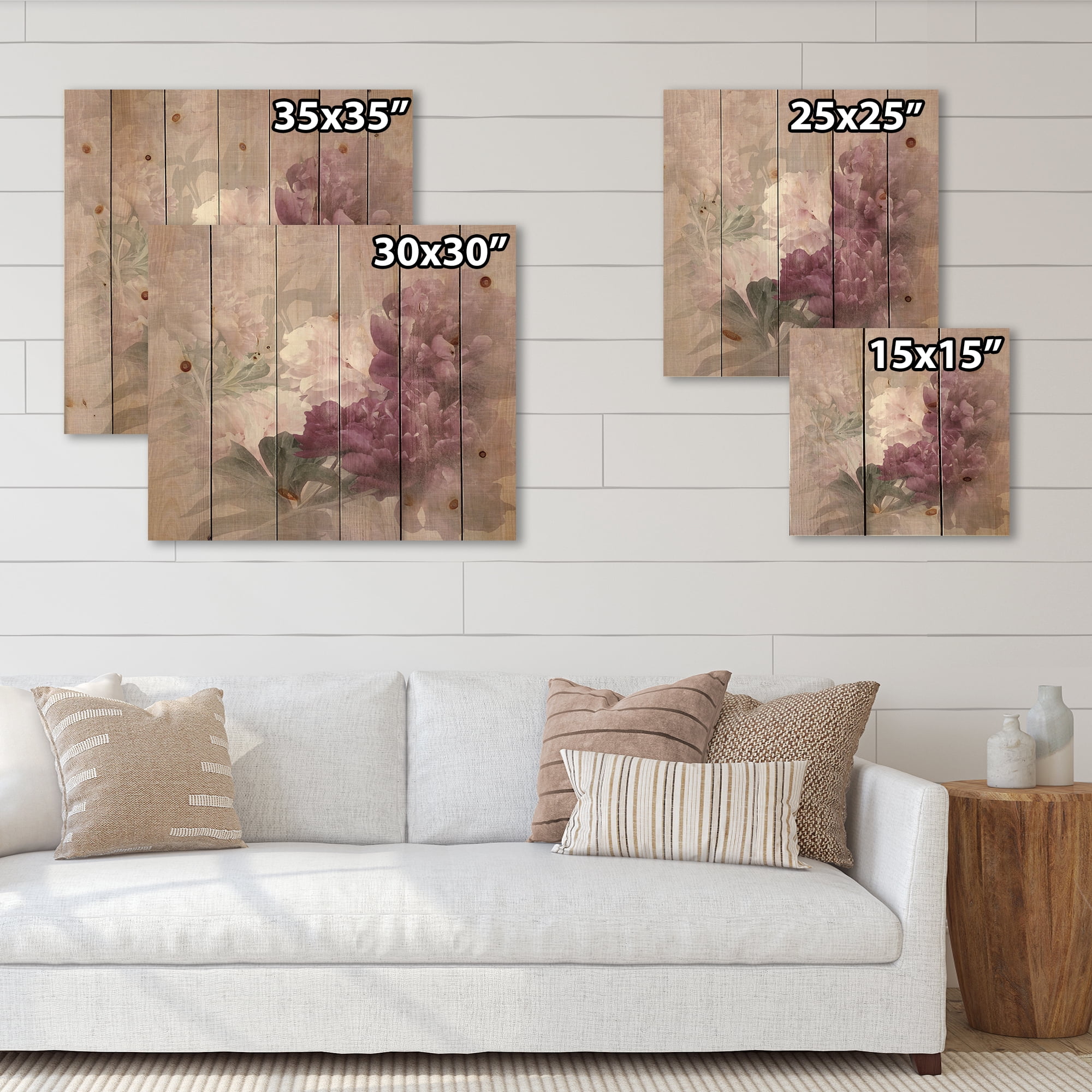 Designart 'Ancient Pink and Purple Flowers II' Traditional Print on Natural Pine Wood