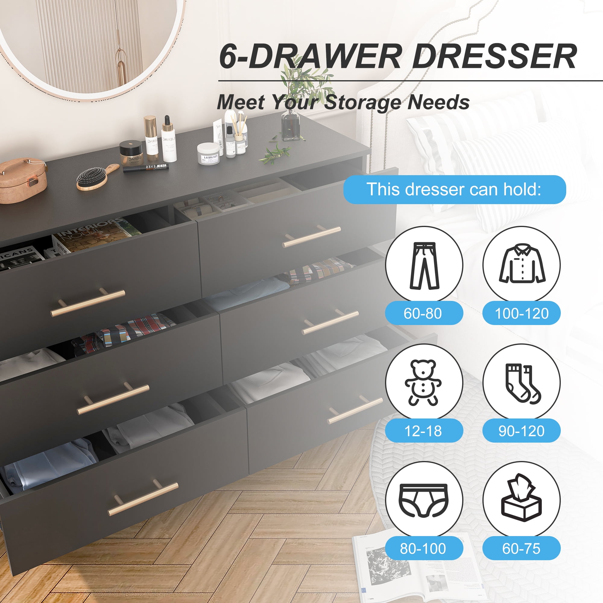 YYAo Wooden 6 Drawer Dresser, Large Modern Chest of 6 Drawers Night Table, TV Stand for 55" TV for Bedroom, Closet, Living Room, Black YYAo Wooden 6 Drawer Dresser, Large Modern Chest of 6 Drawers Night Table, TV Stand for 55" TV for Bedroom, Closet, Living Room, Black