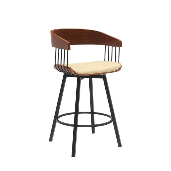 Armen Living Indoor Athena 27" Swivel Walnut Wood Counter Stool in Cream Faux Leather with Black Metal