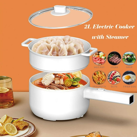 Soapow Electric Hot Pot with Steamer, 2L Electric Cooker Steamer, Multifunctional Non-stick Frying Pan, Ramen Cooker, Suitable for Pasta, Steak, Egg, Rice, Oatmeal, Soup, Dual Power Control (White)