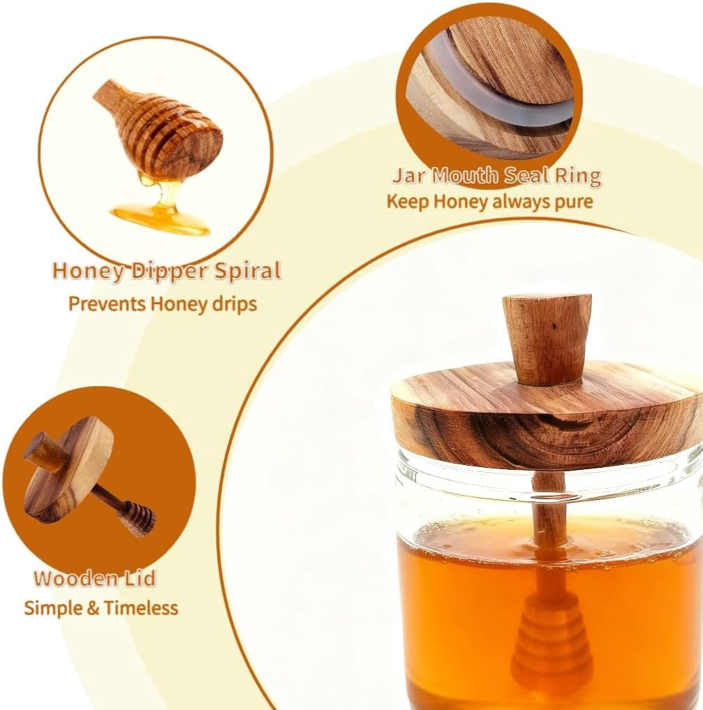 Honey Dispenser No Drip, Glass Honey Jar with wooden Dipper and Lid, Wide-Mouth Large Honey Pot/Container for Syrup Storage-16 Oz