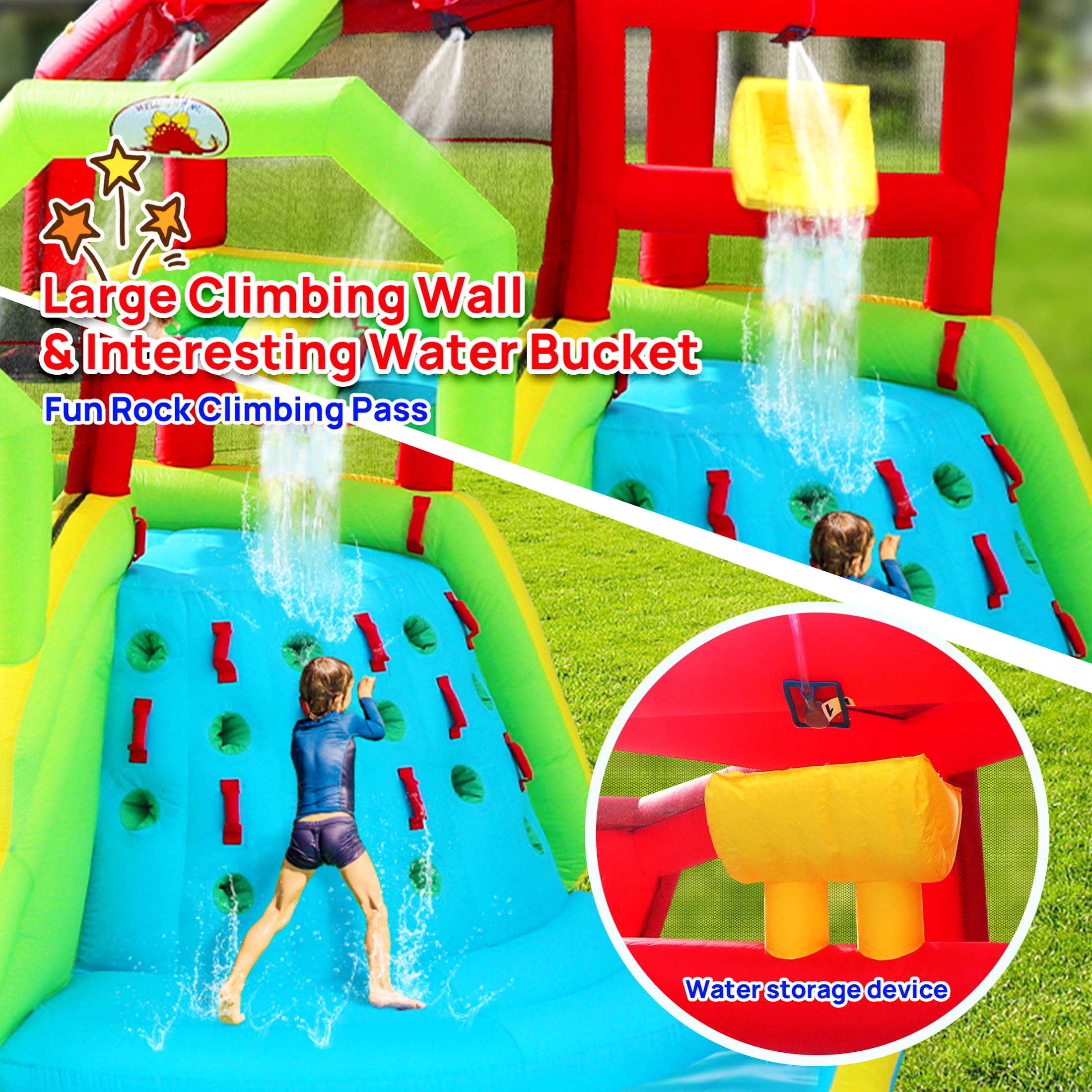 WELLFUNTIME Inflatable Water Slide Park for Kids, Bounce House with Blower, Rainbow Water Curtain, Splash Pool for Backyard