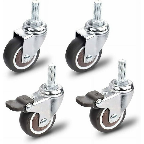 Ruedas giratorias, 2 ruedas con freno + 2 ruedas sin freno, M10 x 25 mm, ruedas pequeñas, resistentes, de PU, para muebles.