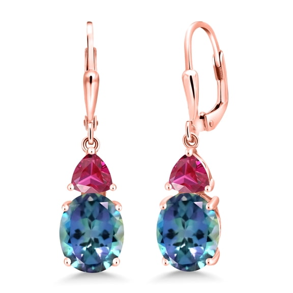 Gem Stone King 18K Rose Gold Plated Silver Millennium Blue Mystic Topaz and Red Created Ruby Dangle Earrings for Women (6.86 Cttw, Gemstone Birthstone, Oval 10X8MM, Trillion 5MM)