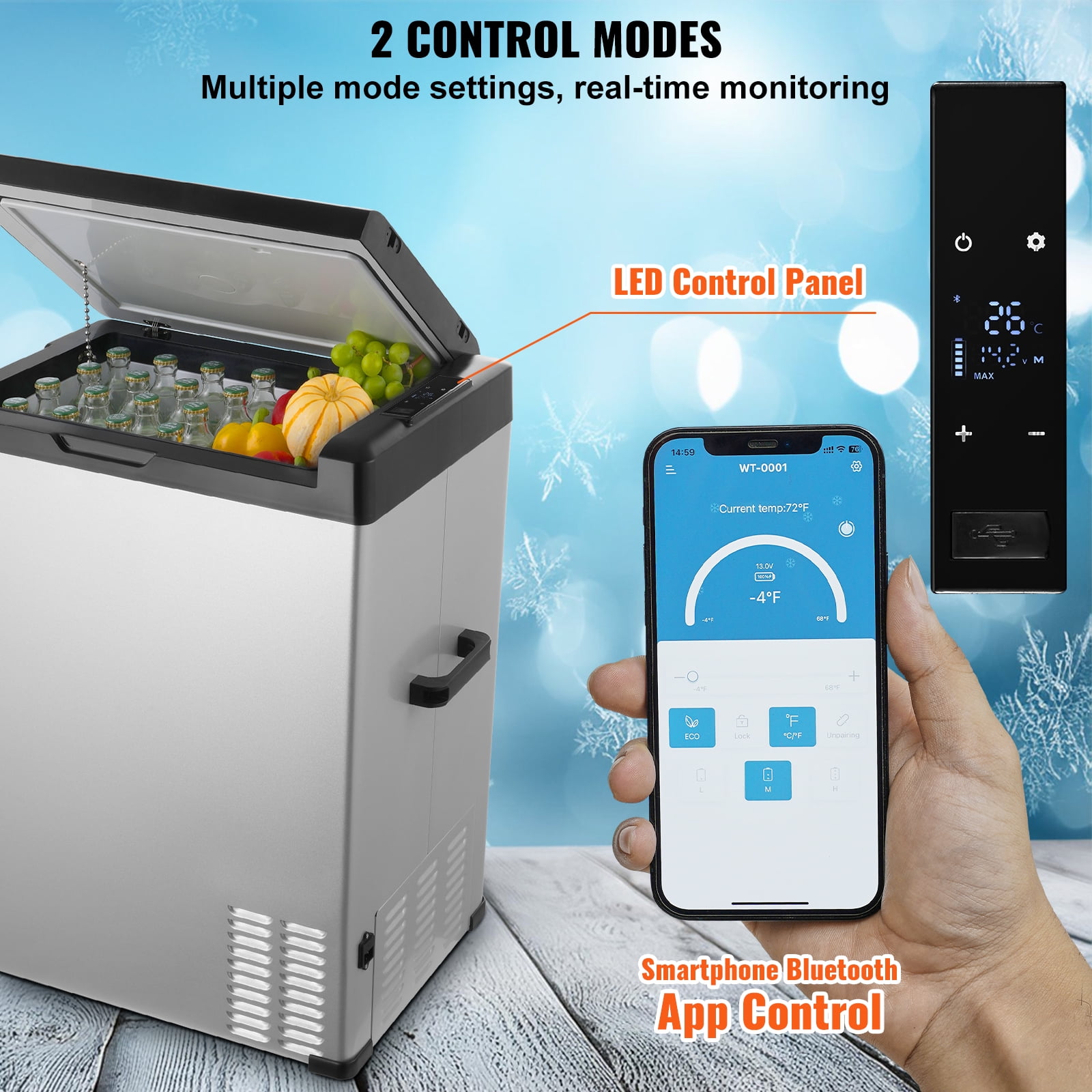 KFFKFF Vehicle Cooler, 12V Portable Fridge, 70L Capacity, Single Zone Freezing, Temperature Range -4 ℉to 68℉, Compatible with 12/24V DC & 100-240V AC, Ideal for Camping, RV, and Outdoor Use