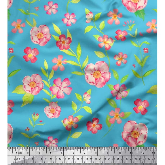 Soimoi Blue Silk Fabric Periwinkle & Peony Floral Print Fabric by the Yard 42 Inch Wide