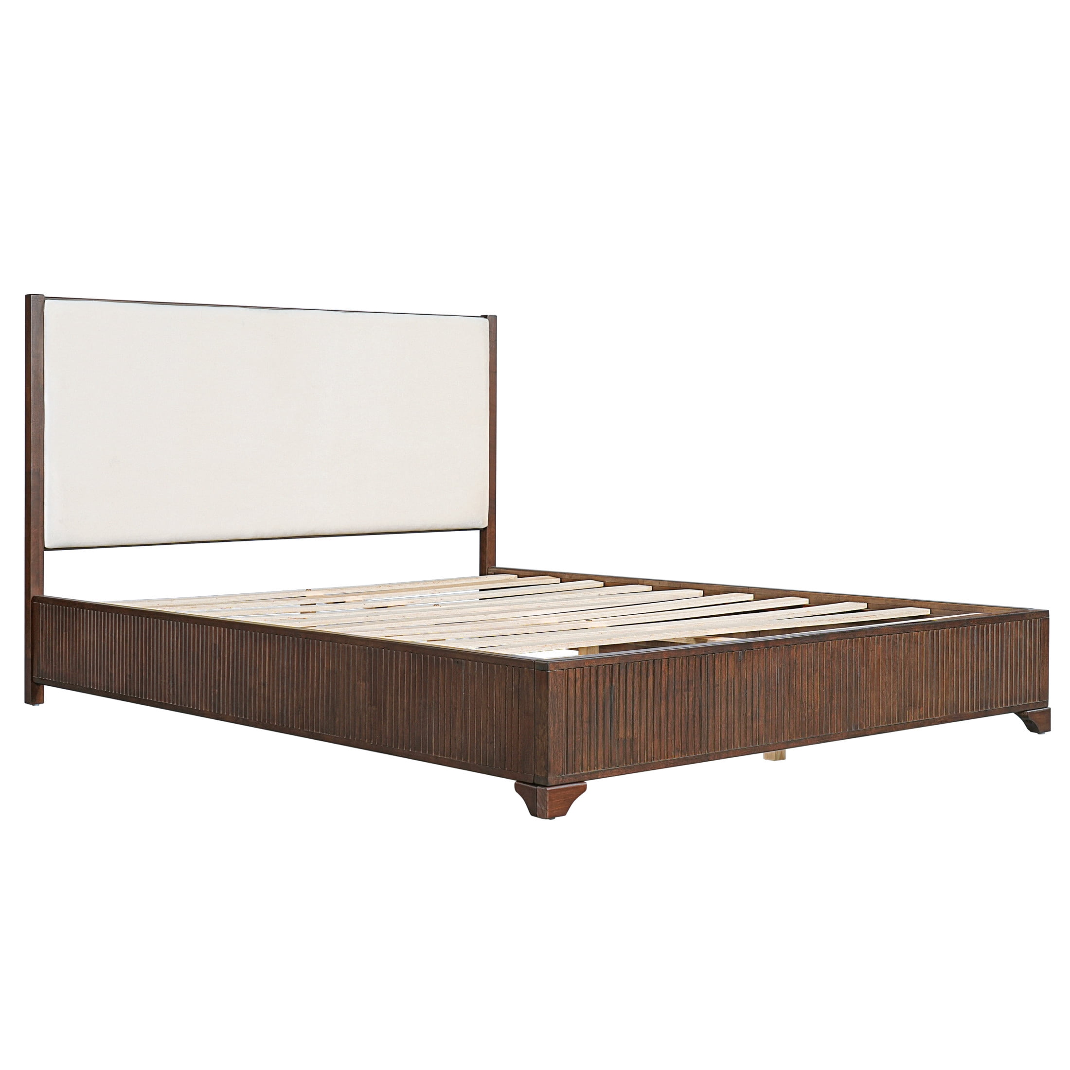 Christopher Knight Home Modern Platform Bed Frame with White Fabric Headboard, Queen Size, Dark Walnut