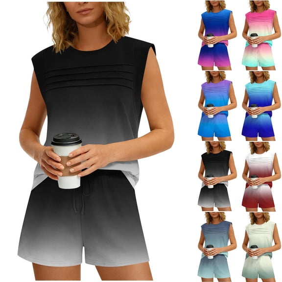 2 Piece Summer Sets for Women Sleeveless Pleated Tank Top and Drawstring Elastic Waisted Shorts Loungewear (XL, Black)