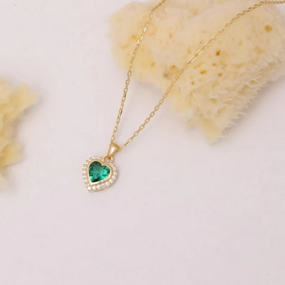 Emerald Heart Necklace - Diamond Halo Pendant - 14K Yellow Gold Vermeil - Handmade Elegant Jewelry