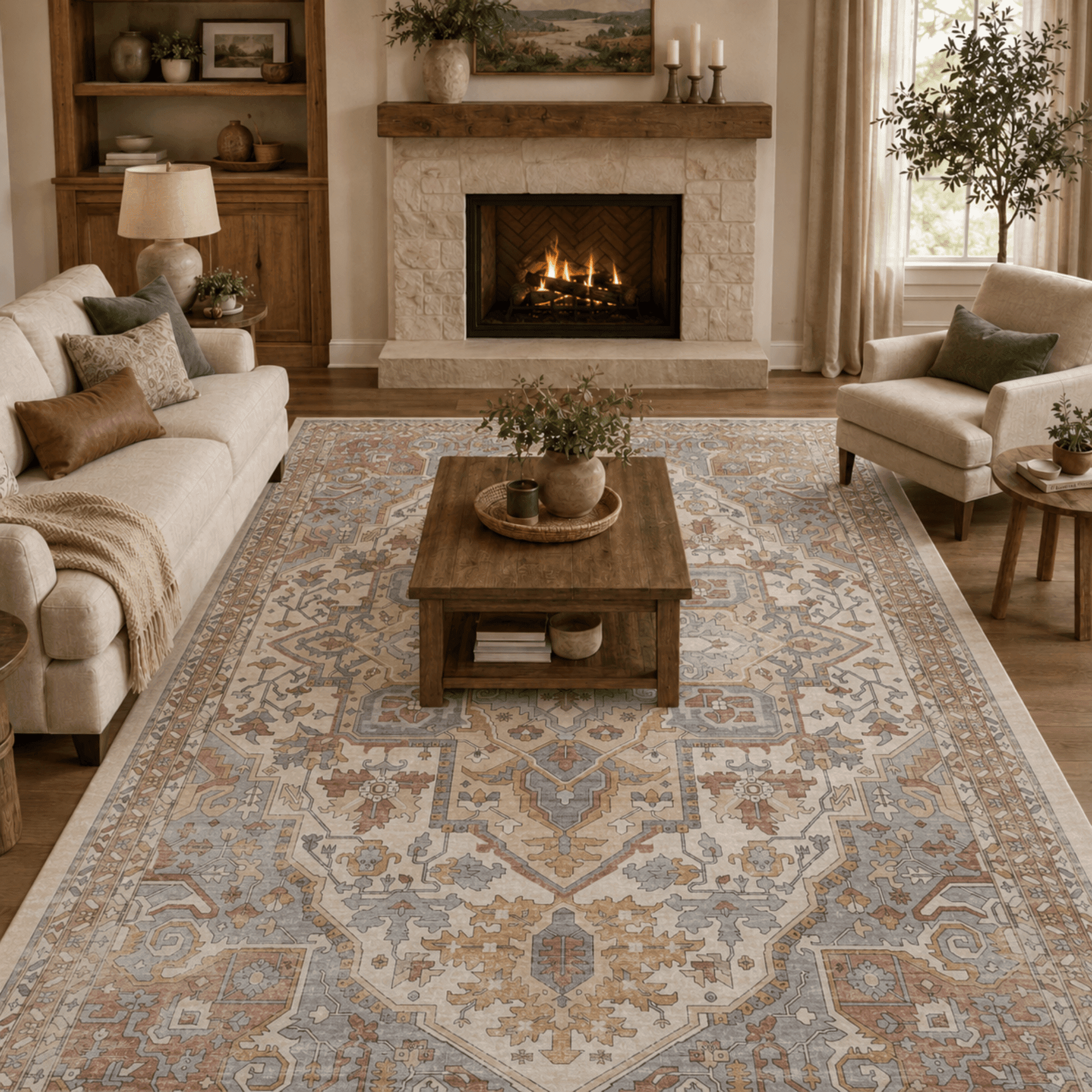 Royalbear 8'x10' Area Rug - Vintage Distressed Blush & Gray Medallion Rug, Bohemian Oriental Floral Floor Carpet for Living Room Bedroom Dining Room