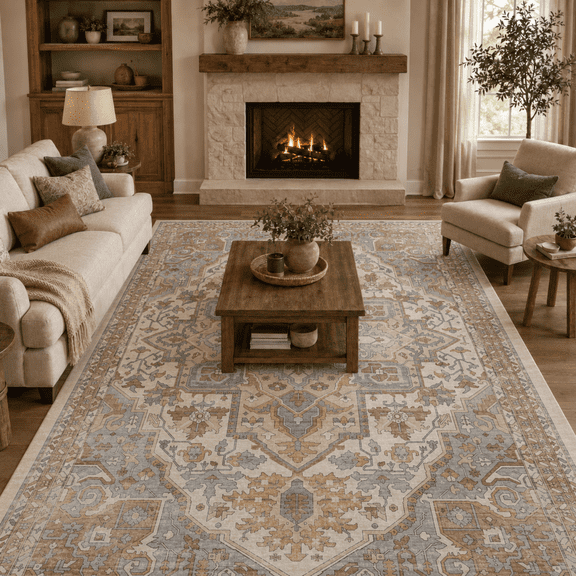 Royalbear 8'x10' Area Rug - Vintage Distressed Blush & Gray Medallion Rug, Bohemian Oriental Floral Floor Carpet for Living Room Bedroom Dining Room