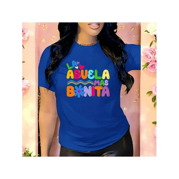 Letras Playera Blusa Con Estampado De La Abuela Mas Bonita Ropa Para Mujer Color Azul Talla Chica Marca Emil SaEs