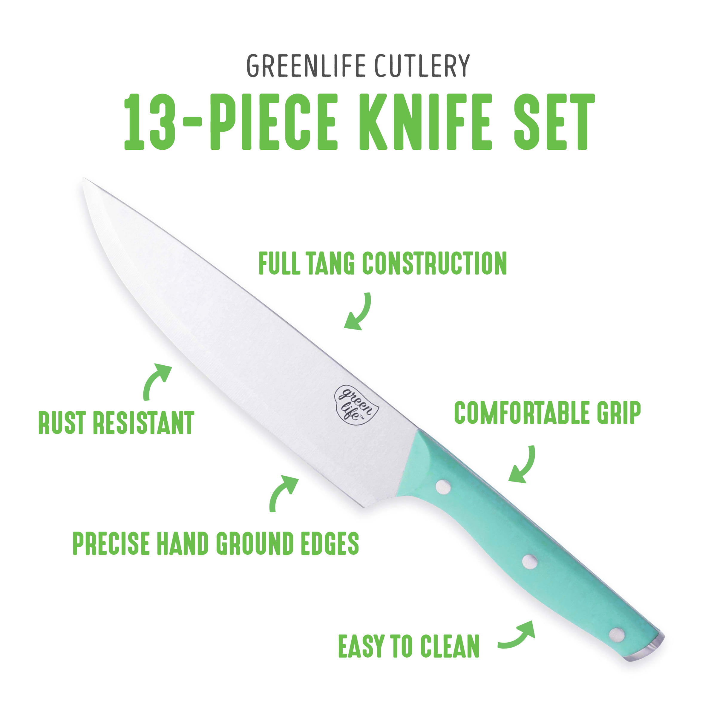 GreenLife High Carbon Stainless Steel 13 Piece Wood Knife Block Set with  Chef Steak Knives and more, Comfort Grip Handles, Triple Rivet Cutlery
