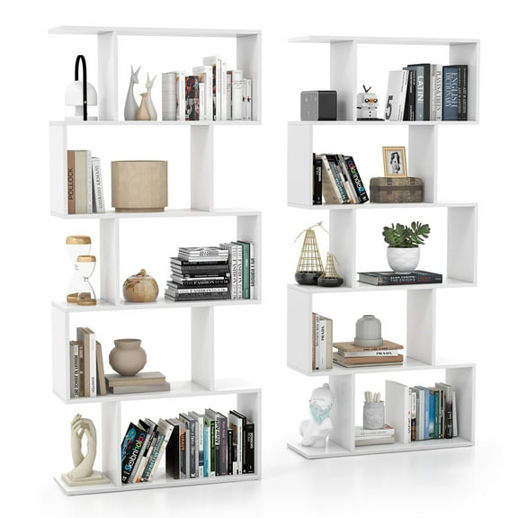 Costway 2 PCS 5-Tier Bookshelf Geometric S-Shaped Bookcase Room Divider Storage Display White