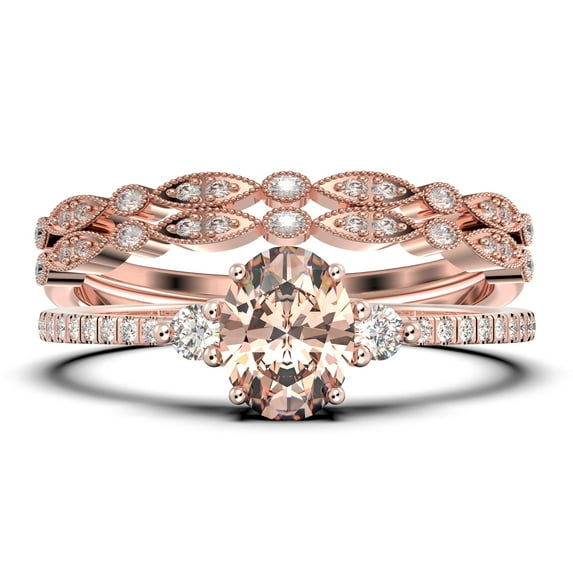 Minimalist 2.25 Carat Oval Cut Simplistic Morganite And Diamond Moissanite Engagement Ring, Classic Wedding Ring in 925 Sterling Silver With 18k White Gold Plating, Promise Ring, Trio Set