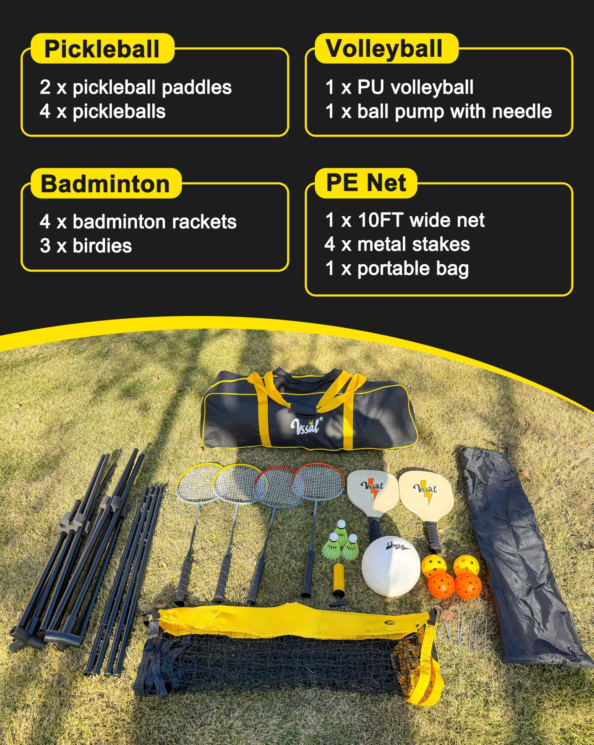 3-in-1 Portable Badminton  Volleyball & Pickleball Net Set For Adults Adjustable Height 34"-7 Ft Backyards Or Beach Outdoor Sports Combo With Carry Bag Rackets Paddles Balls