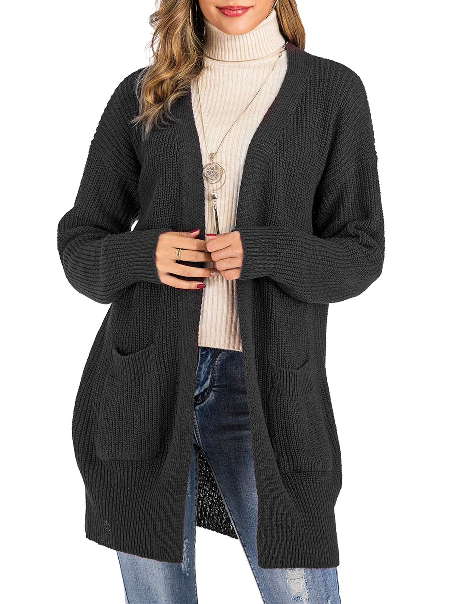 SAYFUT Women's Open Front Knitted Cardigan Sweater Black Long Cardigan ...