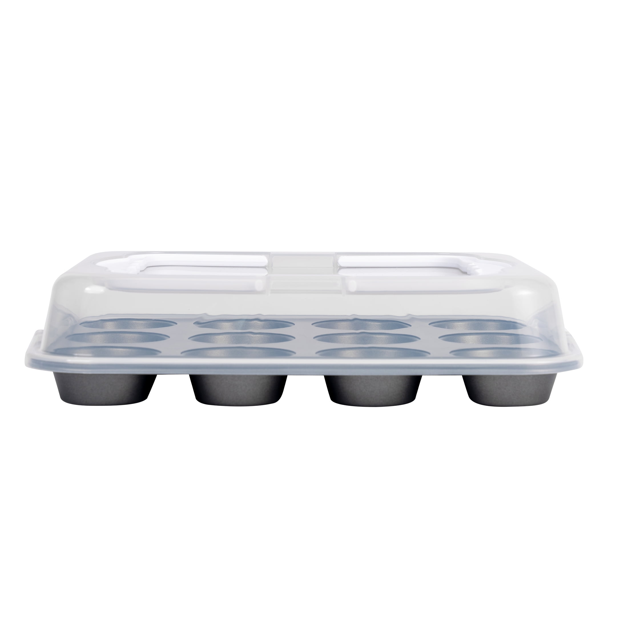 Mainstays 12-Cup Muffin Pan with Covered Carrier, Carbon Steel Bakeware with Plastic Cover