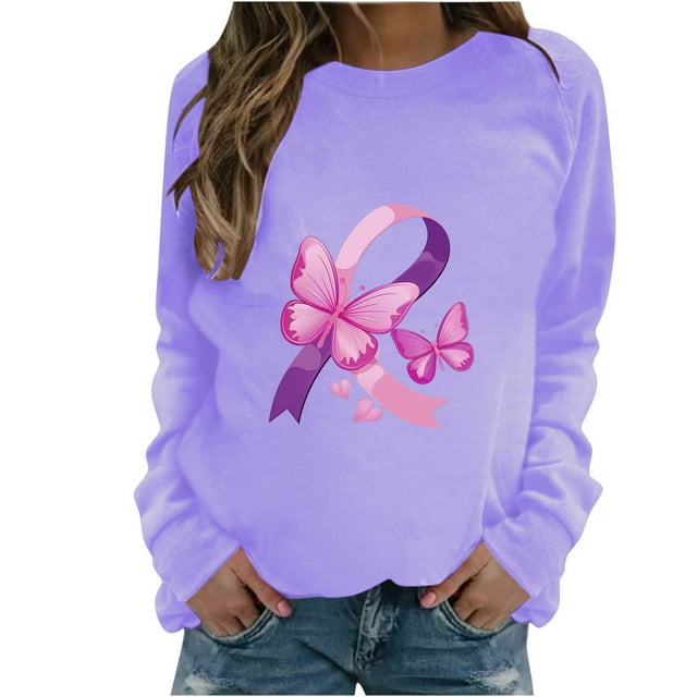 Rbaofujie Chandails à Capuchon pour Enfants Femmes Mode Décontractée Imprimé Col Rond Ample Manches Longues T-shirt Hauts Blouse Violet Chandail à Col Rond pour Femmes