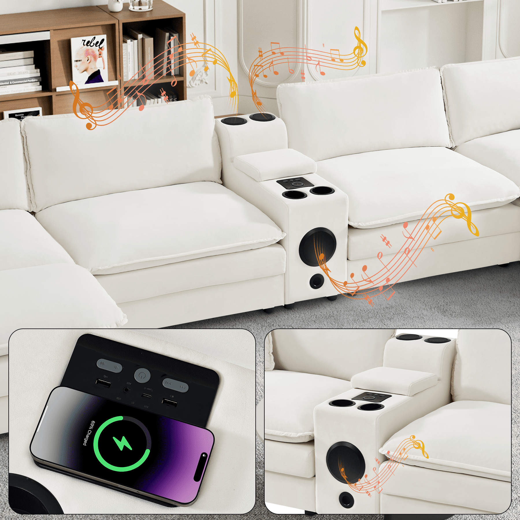 Rophefx 162.6" Modern U Shaped Sectional Sofa, Velvet Deep Seat Cloud Couches with Ottoman, Central Console and Double Layer Cushion