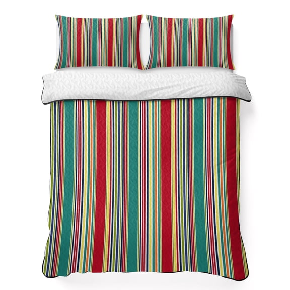 Queen Quilt Set 90''x96'', Green Red Striped Lightweight Summer Bedspread Coverlet Set with 2 Pillow Shams, Farmhouse Colorful Stripes Breathable All Season Quilt Bedding for Bedroom/Guest Room