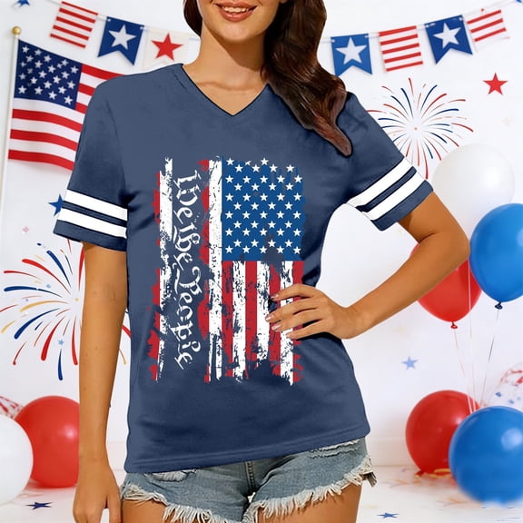 Fshinging Women Vintage Flag Print V Neck Patriotic T Shirts 4th of July Celebration Tops Dark Blue L
