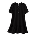 thumbnail image 3 of Lenpel Dresses for Women Trendy Button Crew Neck Short Sleeve Knee Length Midi Dresses Casual Loose Ruffle Hem T Shirt Dresses, 3 of 5