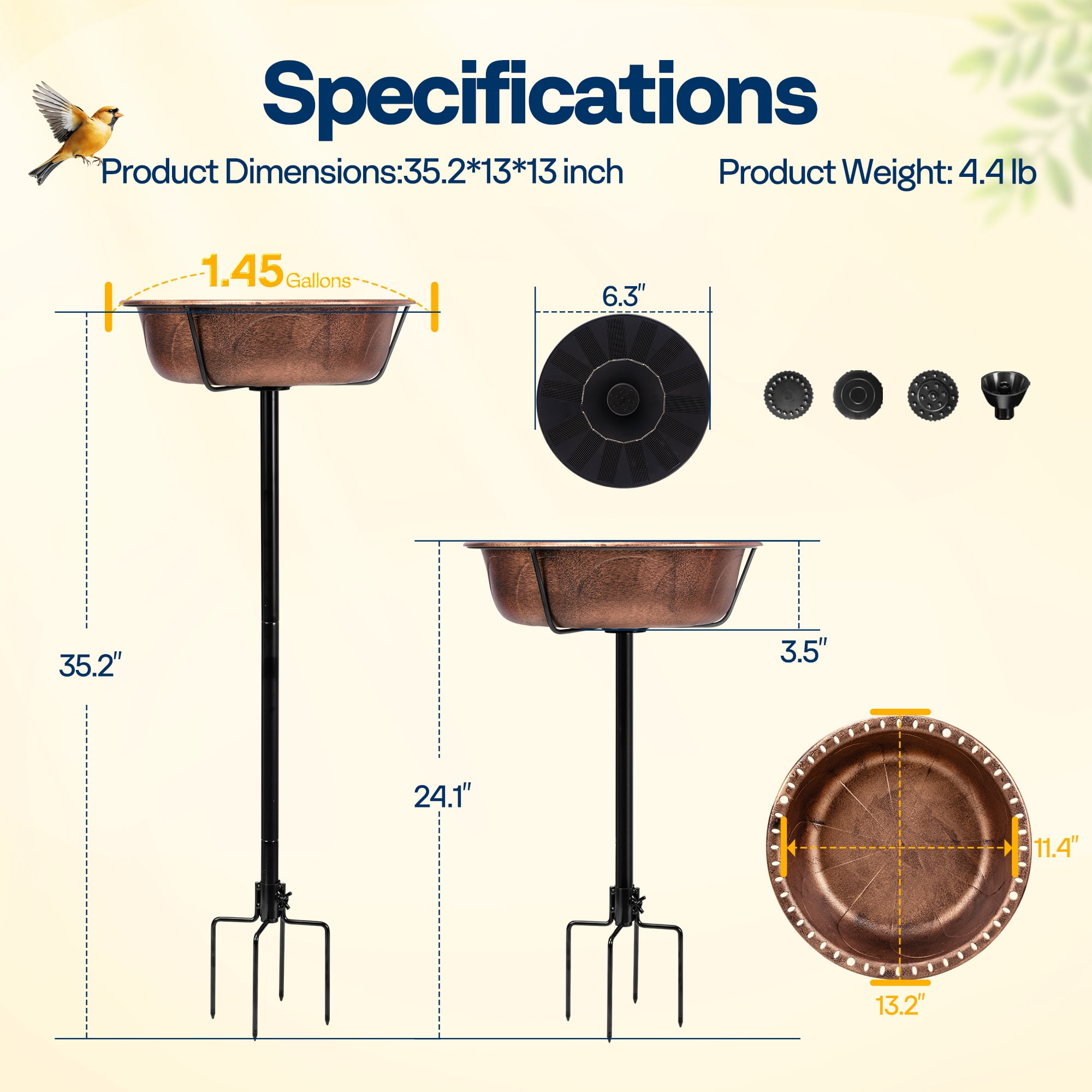 SPECSTAR Bird Bath with Solar Fountain for Outside, Weather-Resistant ABS Birdbath Bowl with Solar Powered Pump, Metal Ground Stake for Outdoor, Garden, 1.45 Gallons, Bronze