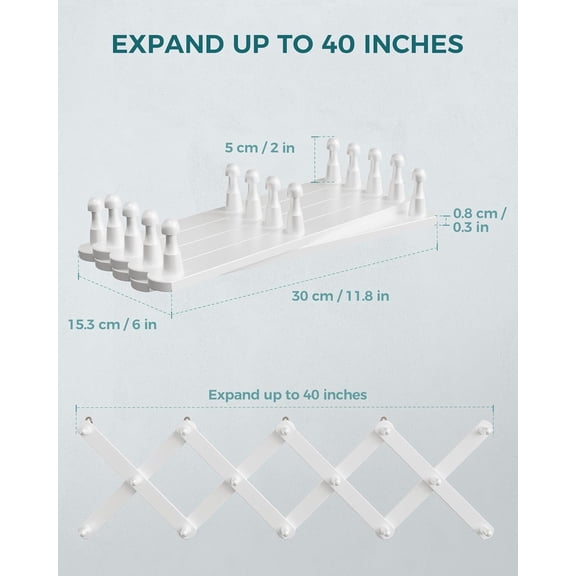 Wood Accordion Wall Hanger, Expandable Coat Rack Wall Mount with 14 Pegs, Expanding Hat Rack for Wall White