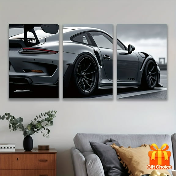 3pcs Frameless Canvas Art Prints - Sleek Sports Car in Black-and-White, Modern Wall Decor for Living Room, Office, or Bar - Perfect Gift for Birthdays, Holidays, and Home Decoration, Car Decor