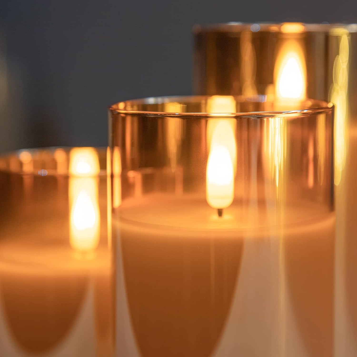 HearthHarmony Glass Flickering Flameless Candles with Remote, Battery Operated Candles with Timer, Fake LED Pillar Candles for Home Fireplace Mantle Bathroom Decor, Gold