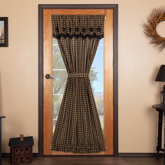 VHC Brands Black Star, Cotton, 72x40, Door Panel W/ Attached Valance, Layered, Scalloped, Black