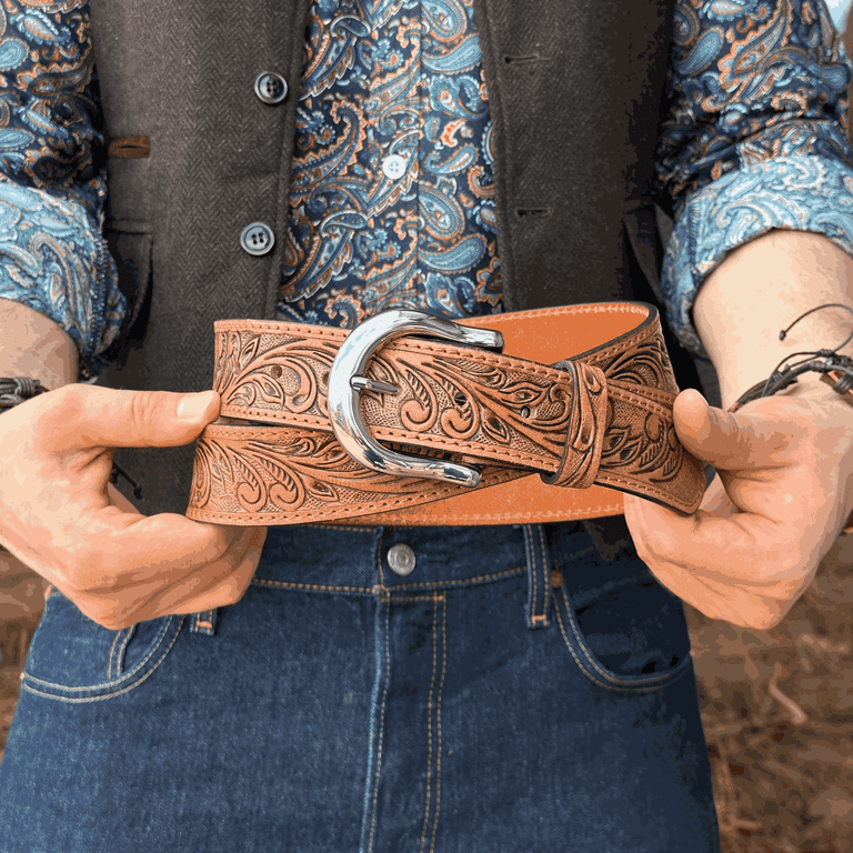 Western Leather Belt for Men Tooled Embossed Handmade Cowboy  display picture 3