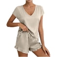 thumbnail image 2 of PNTUTB Women's Solid Color Lightweight V Neck Short Sleeve Top with Elastic Waist Shorts Casual Comfort Pajama Set, 2 of 6