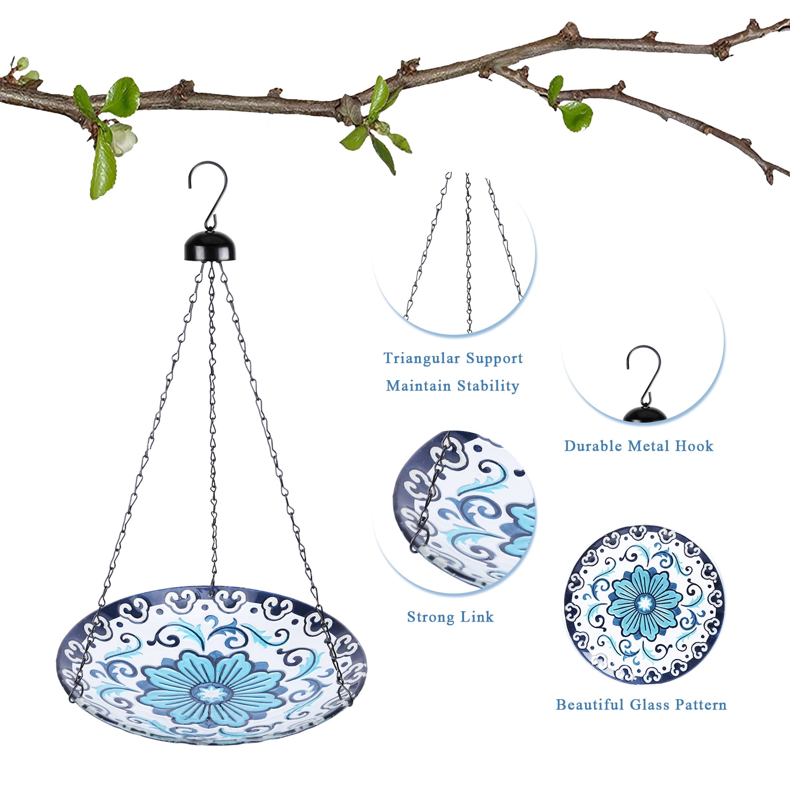 MUMTOP Hanging Glass Bird Bath, Blue and White Porcelain for Garden and Patio Decor