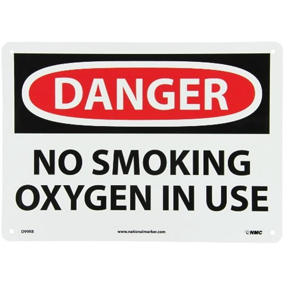 NMC D99RB DANGER NO SMOKING OXYGEN IN USE Sign 14 in x 10 in Red Black Text on White Plastic Danger Sign