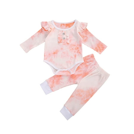 

One Opening Infant Baby Girl Tie-dye Fly Sleeve Ruffle Romper Tops Pants Sets