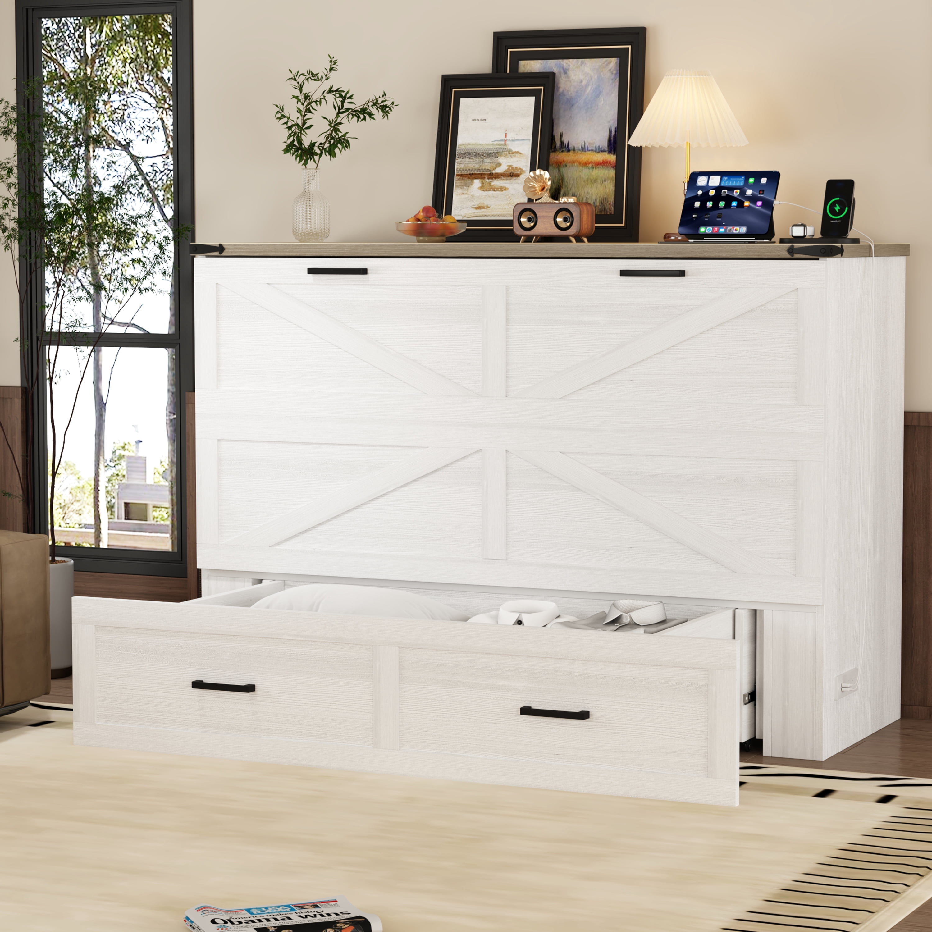 Mintazer Queen Farmhouse Murphy Cabinet Bed with Charging Station & Storage Drawers, Foldable Platform Bed for Bedroom Guest Room, White