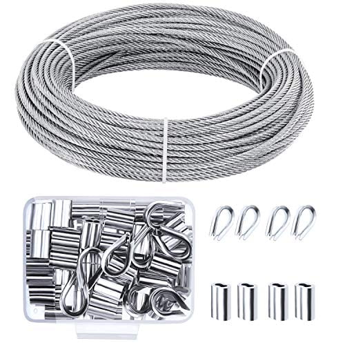 Canomo 1/16 inch x 98 Feet Vinyl Coated 304 Stainless Steel Picture Hanging Wire Rope Cable with 50 Pieces Aluminum Crimping Sleeves and 10 Pieces Thimble for Railing,Decking, Picture Hanging