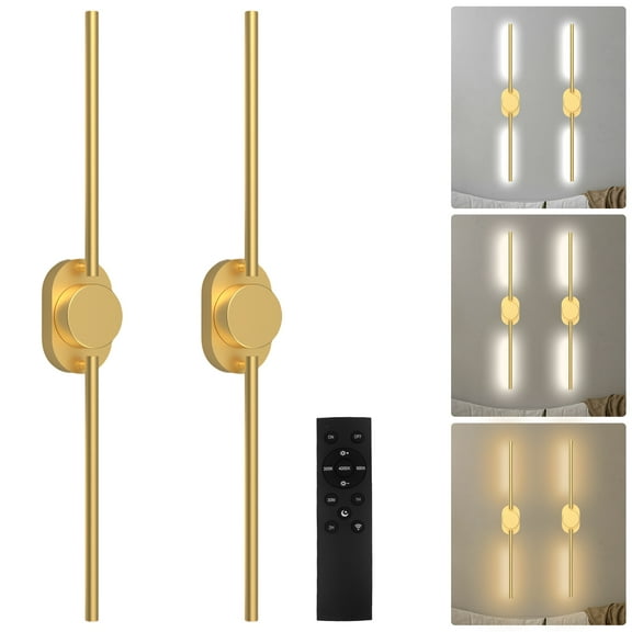 2-Pack Wireless Wall Sconces with Remote, Dimmable & Color Temperature Adjustable,31.5INCH,Gold