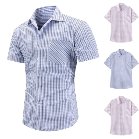 RYDCOT Mens Button up Dress Shirts Short Sleeve Casual Button Down Cotton Vintage Soft Plaid with Pocket Pink